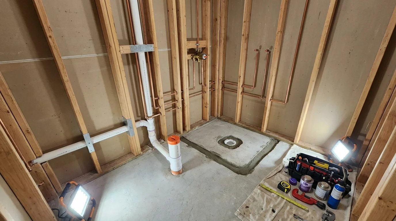 Bathroom rough-in plumbing during remodel by Johns Plumbing LLC in Pismo Beach