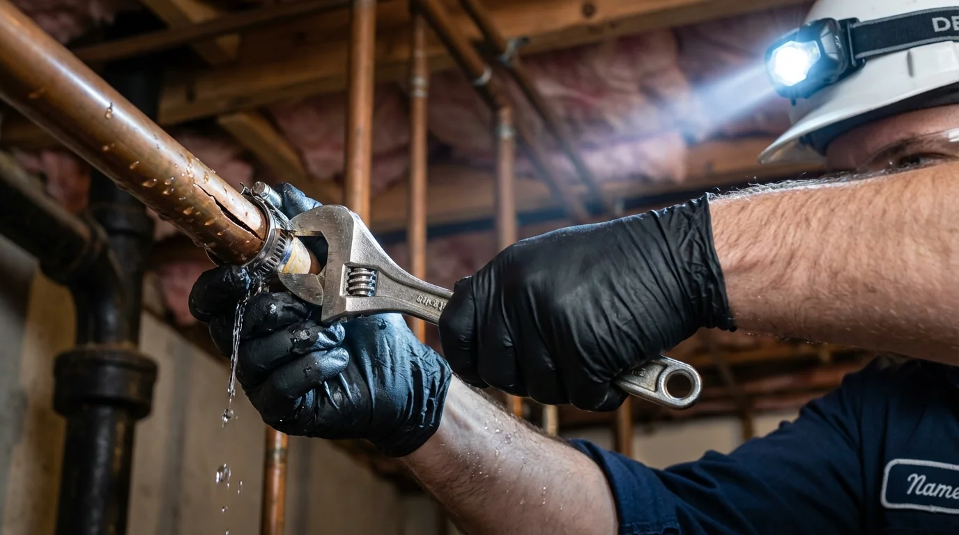 Emergency pipe clamp repair being performed by a Johns Plumbing LLC plumber in Pismo Beach