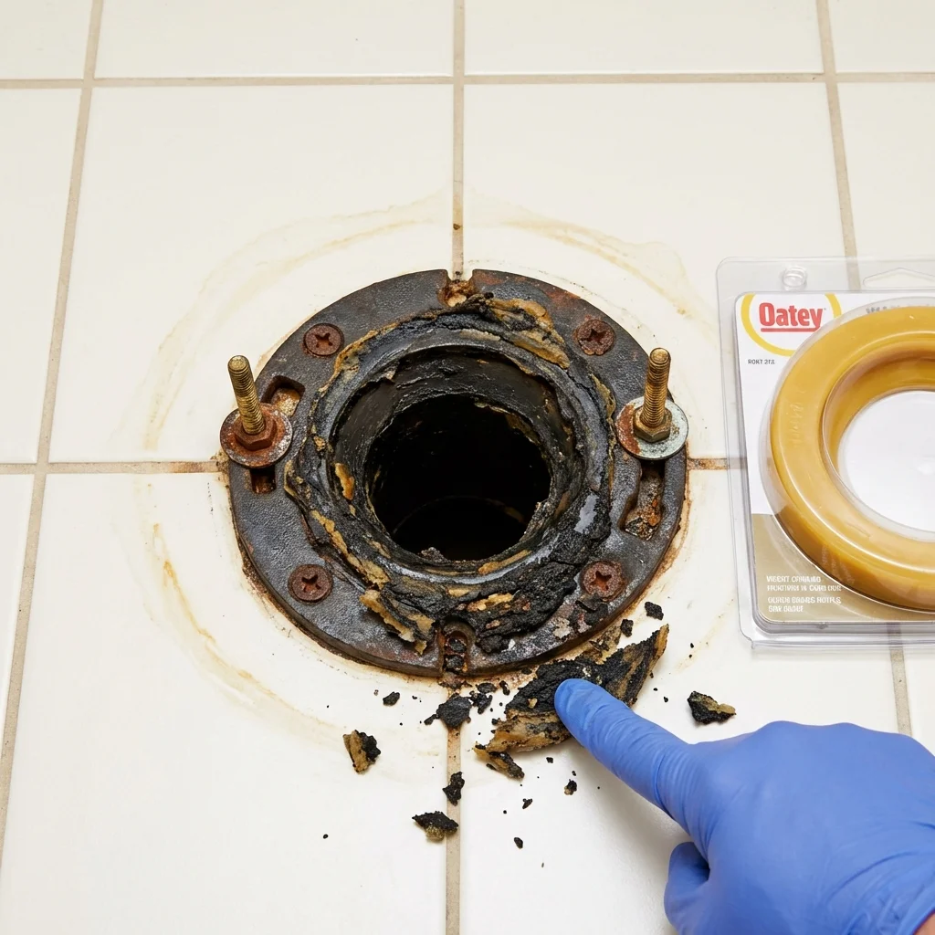 Failed wax ring showing water seepage at the base of a toilet in a Pismo Beach, CA home