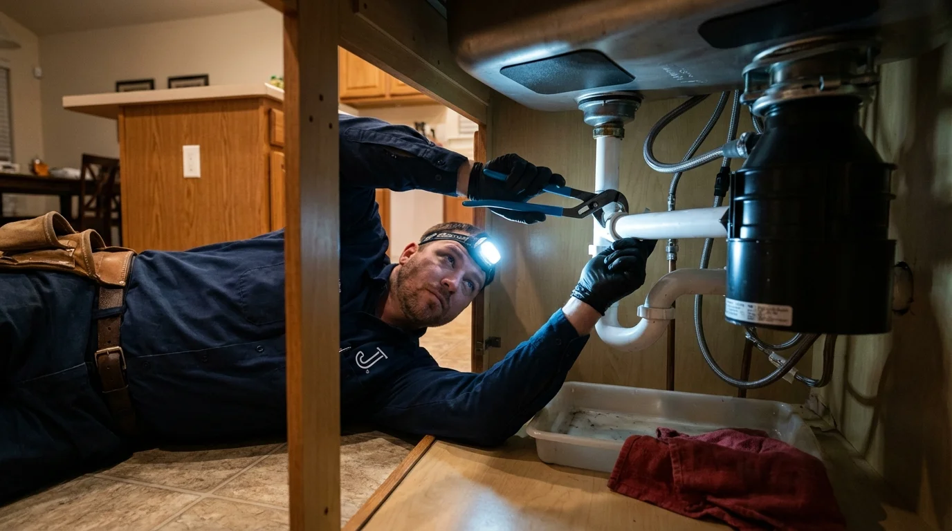 P-trap and supply line connections under a kitchen sink showing a common leak point in Pismo Beach, CA